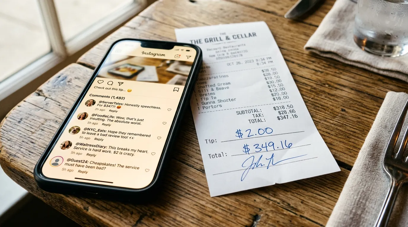 A close-up of a restaurant receipt with a low tip next to a smartphone
