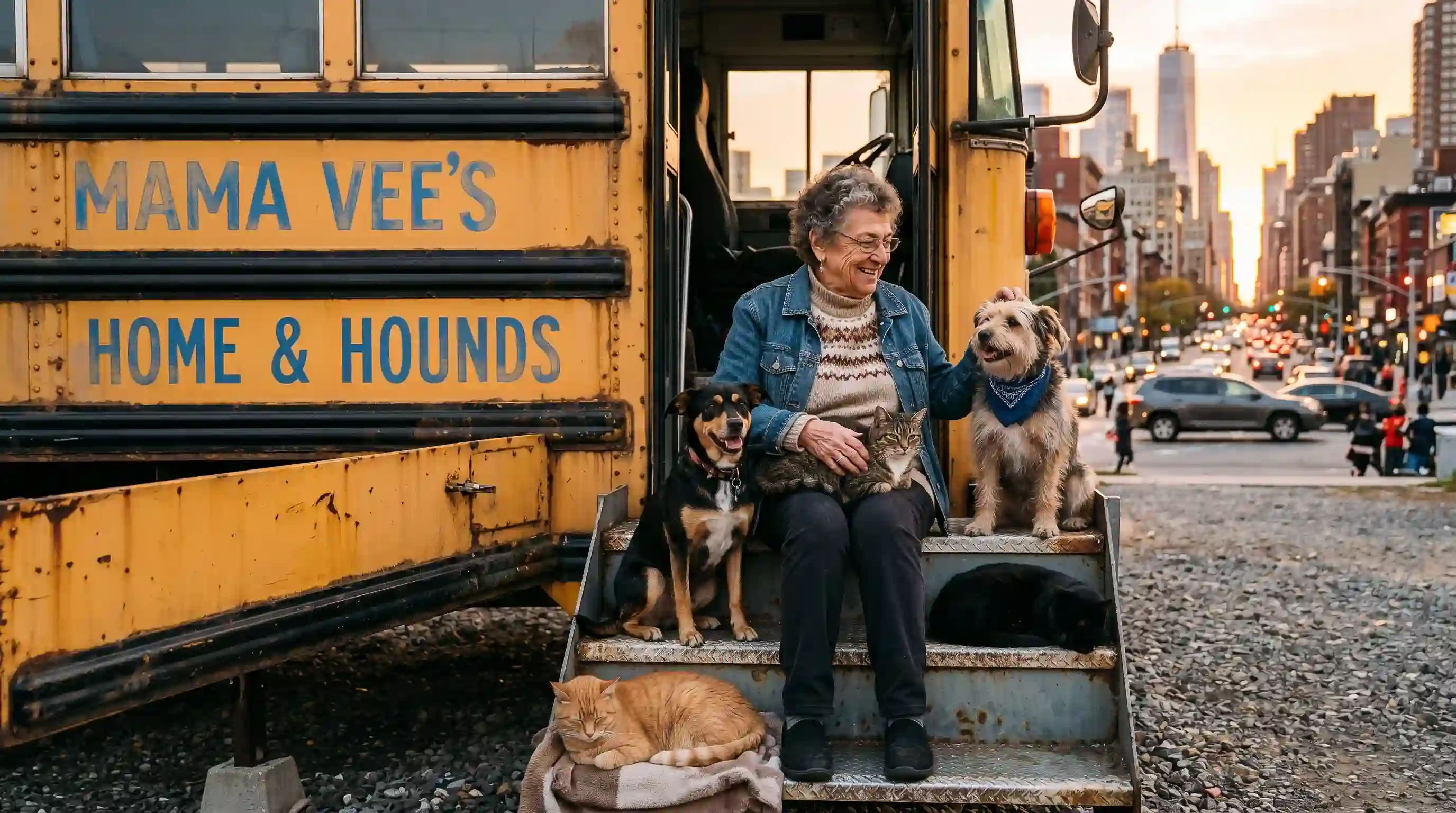 Mama Vee sitting on the steps of her old yellow school bus with her dogs and cats in the city.
