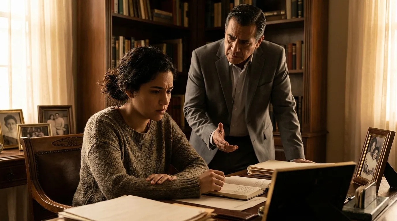 An older man whispering into a younger woman's ear in a courtroom setting.
