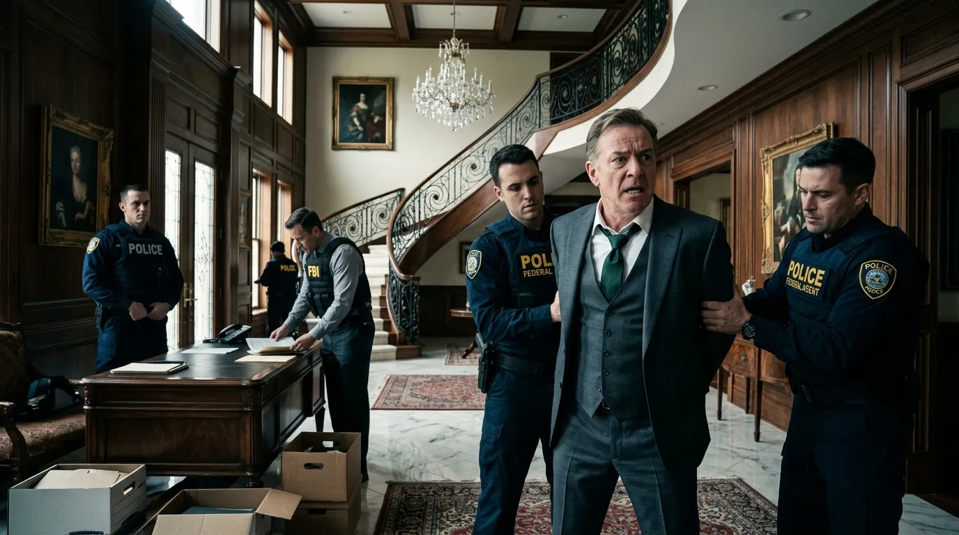Police raiding a luxurious mansion and arresting wealthy suspects