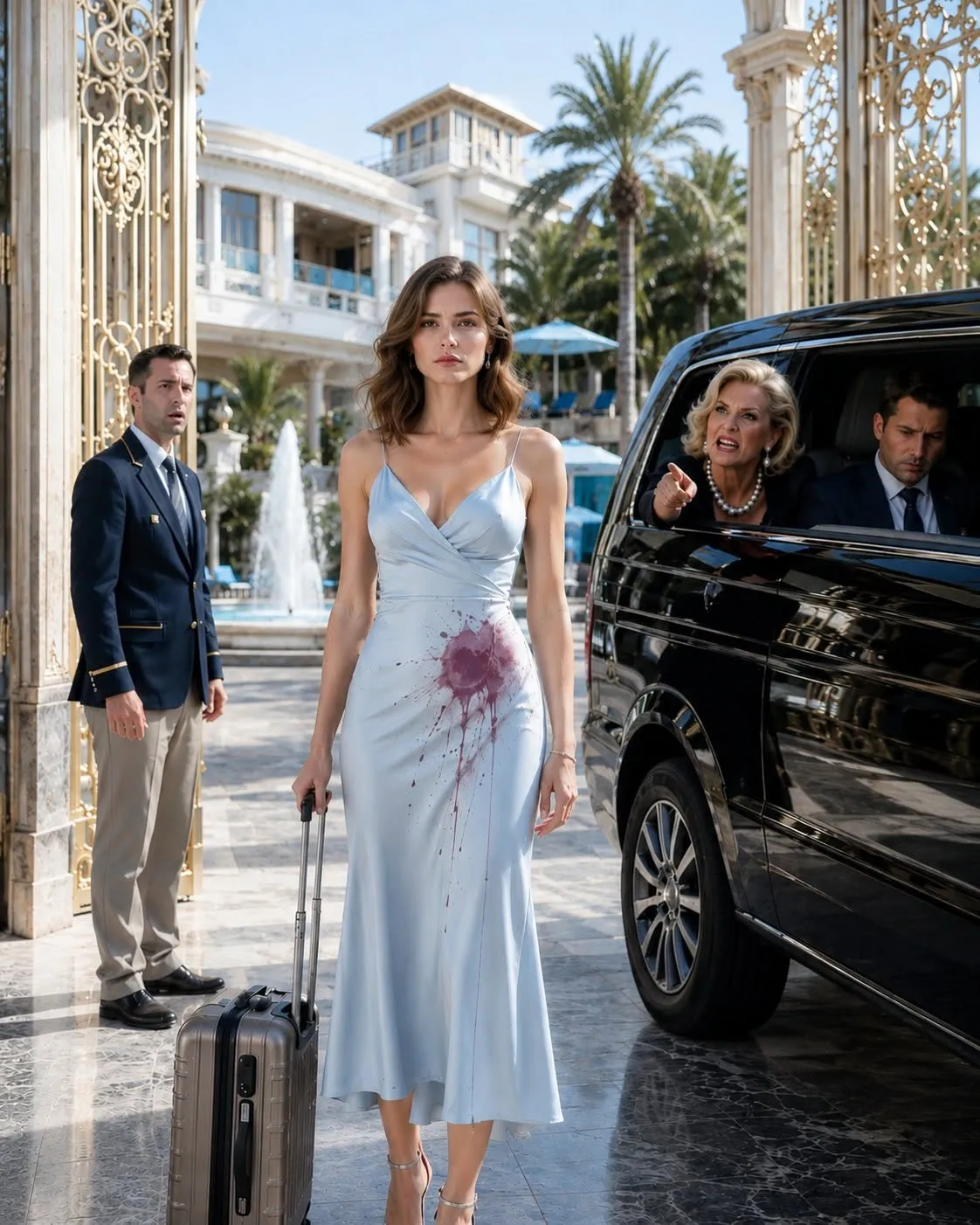 Maya standing with her suitcase at the golden gates of Lotus Bay Resort while a van drives away.