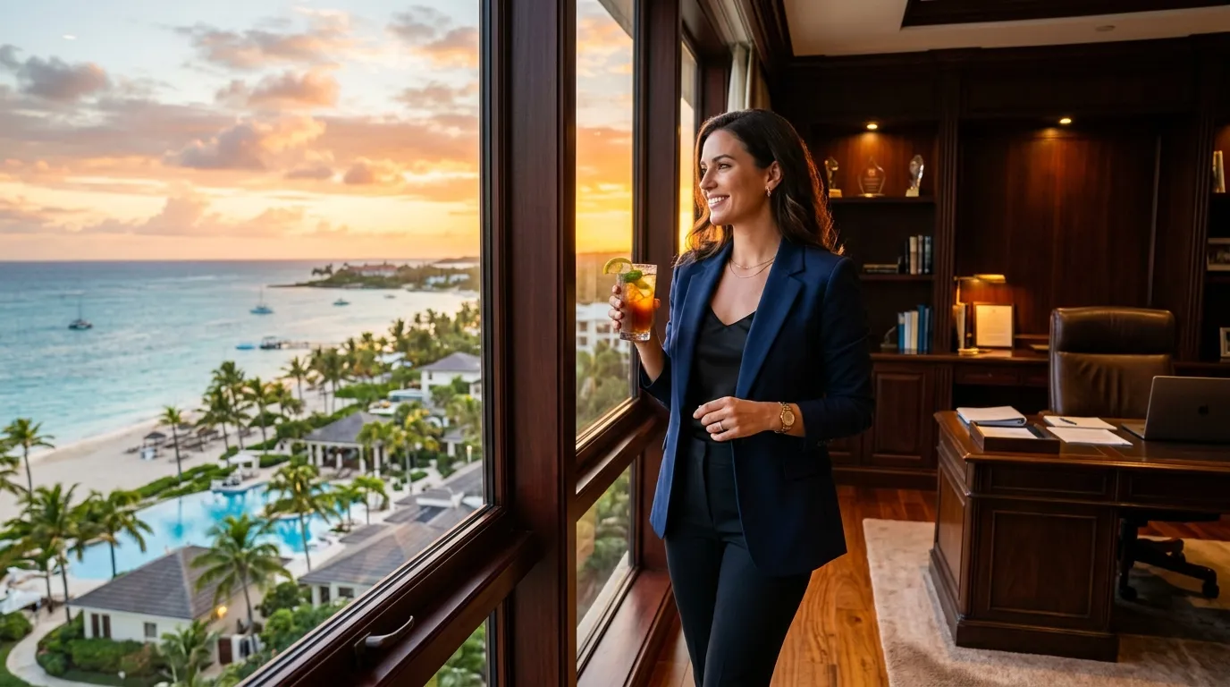 Maya looking out of her office window over the resort, holding a glass of iced tea.