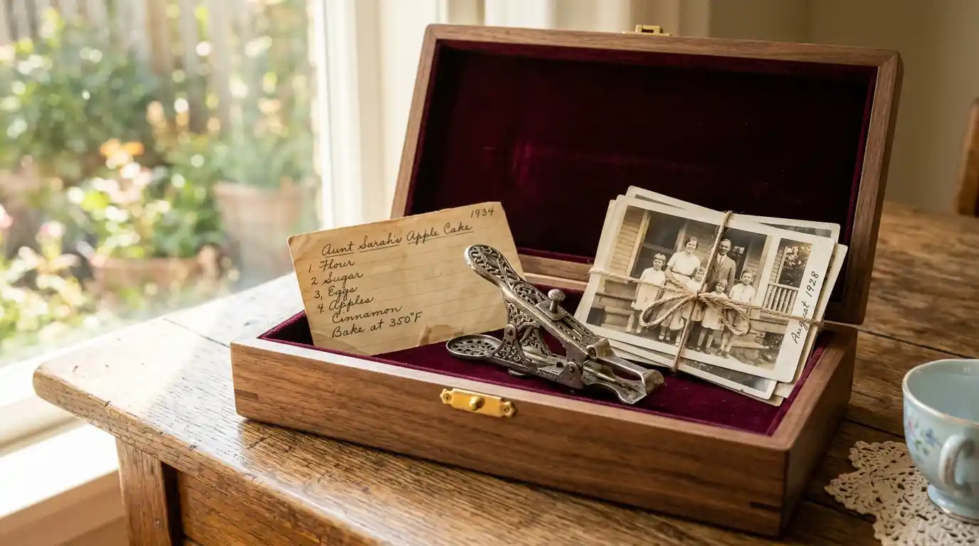 A velvet-lined memory box containing old family photos and the mysterious silver clamp.