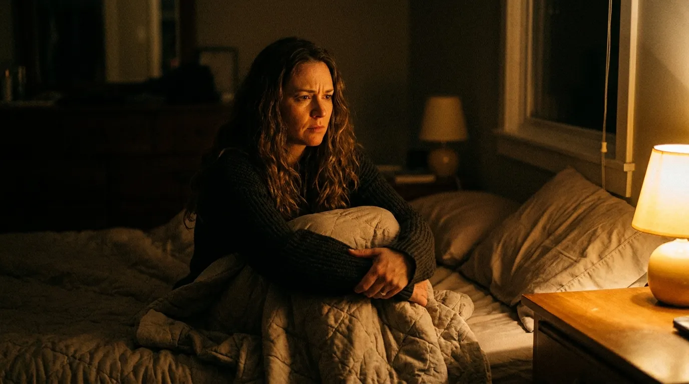 Stressed woman sitting awake in bed at night