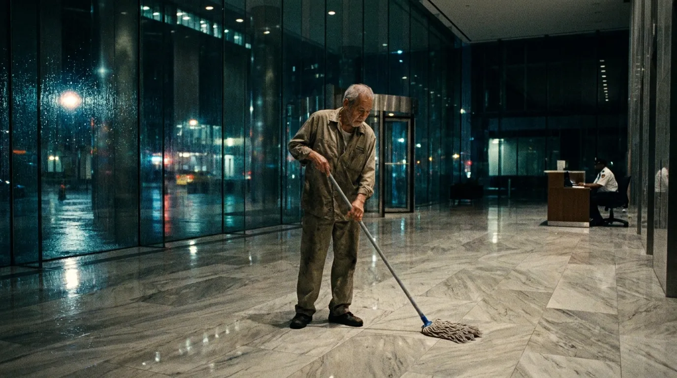 An older, exhausted janitor mopping a polished marble floor in a dimly lit corporate lobby at midnight.