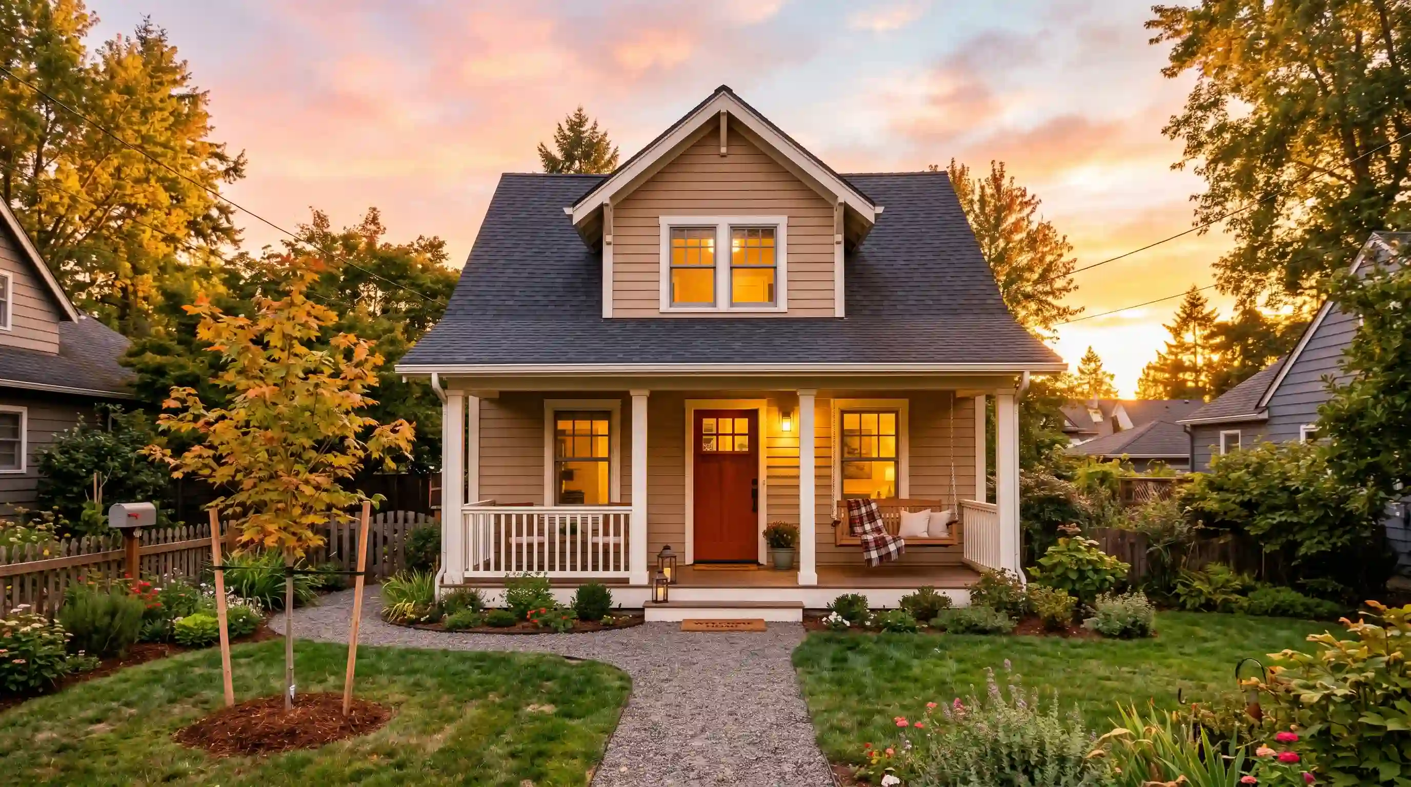 A beautiful, modest house at sunset with a porch swing and a newly planted maple tree in the yard