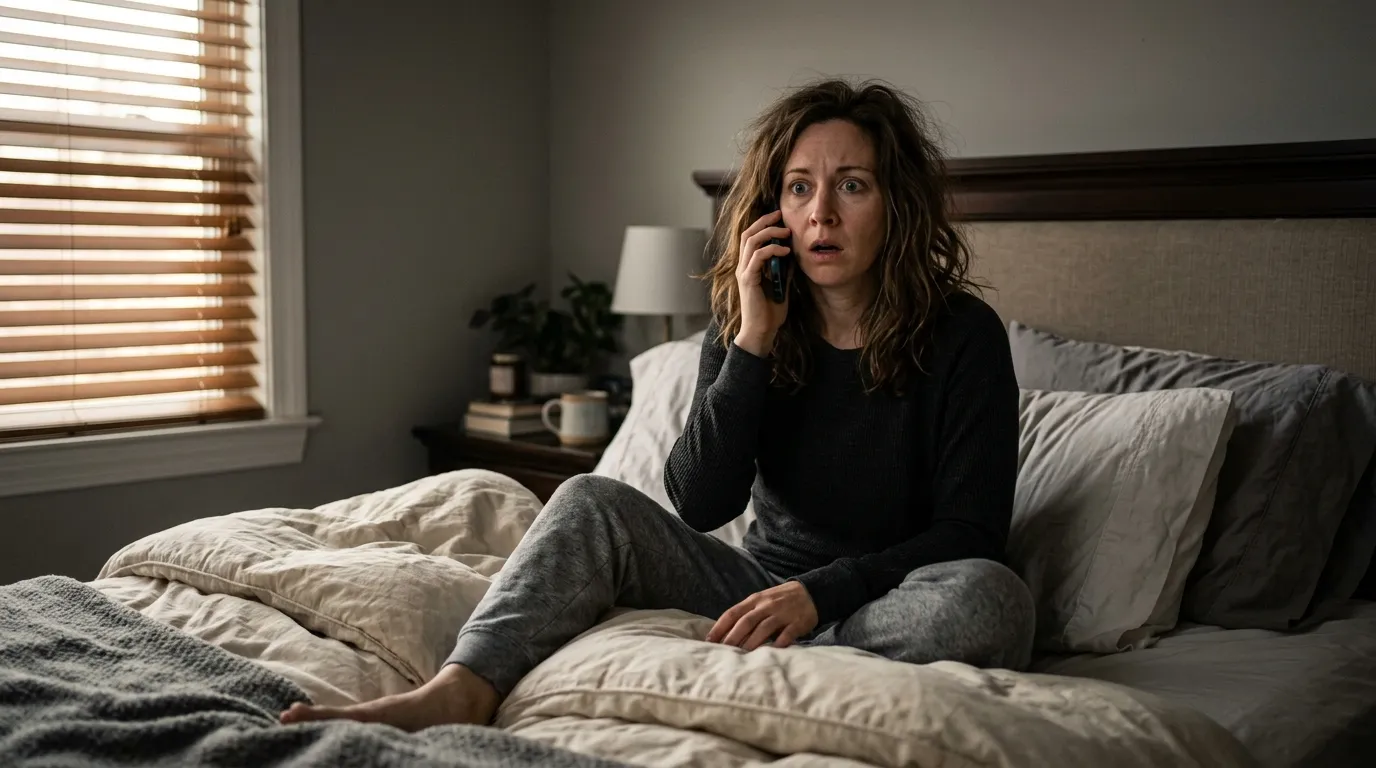 Woman in bed looking shocked while holding a phone to her ear.