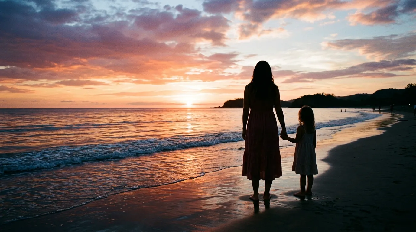 Silhouette of a mother and daughter holding hands on the beach at sunset