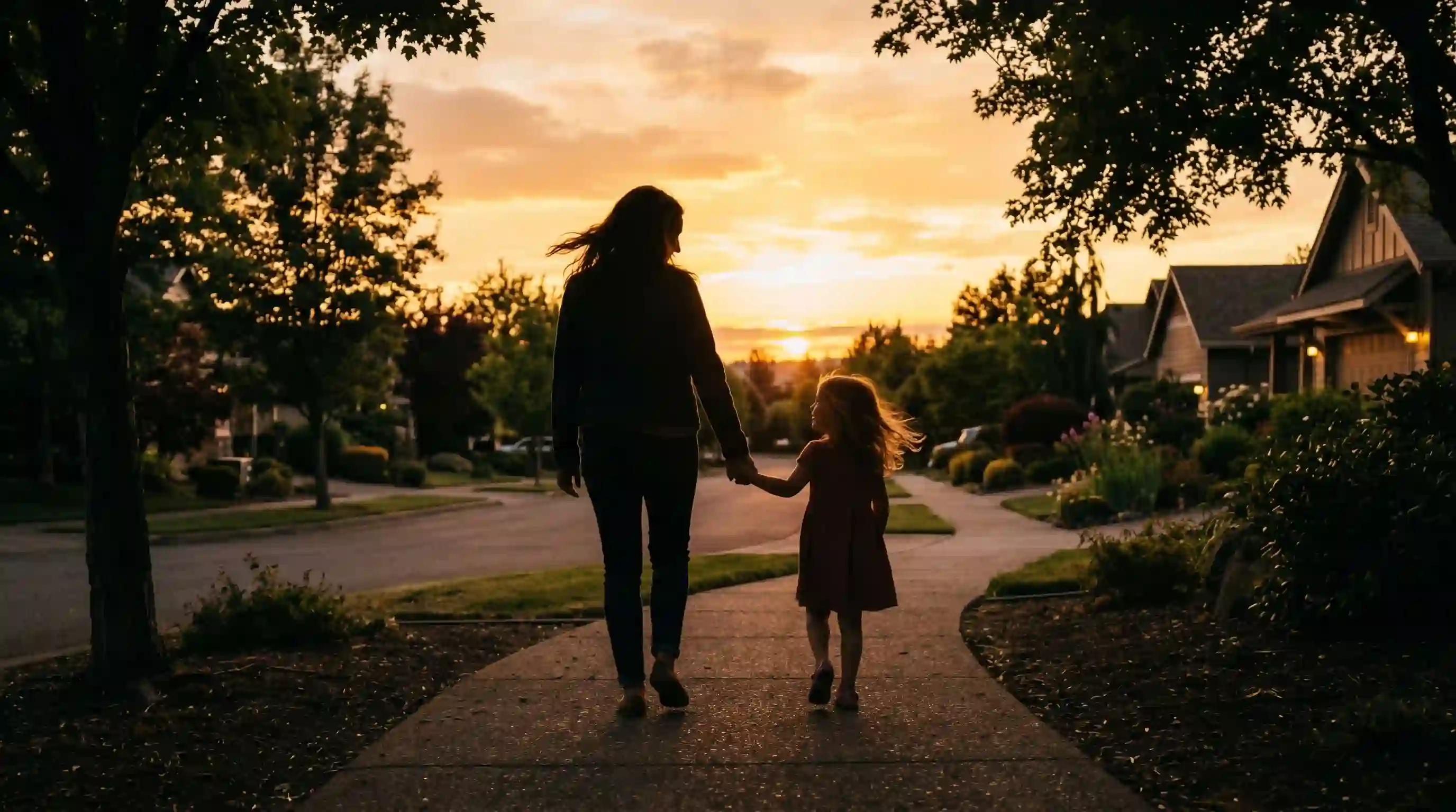 A mother and daughter holding hands and walking home at sunset.