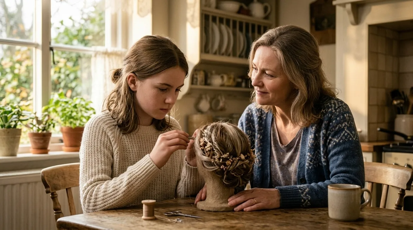 Mother and pre-teen daughter sitting together preparing a handmade wig