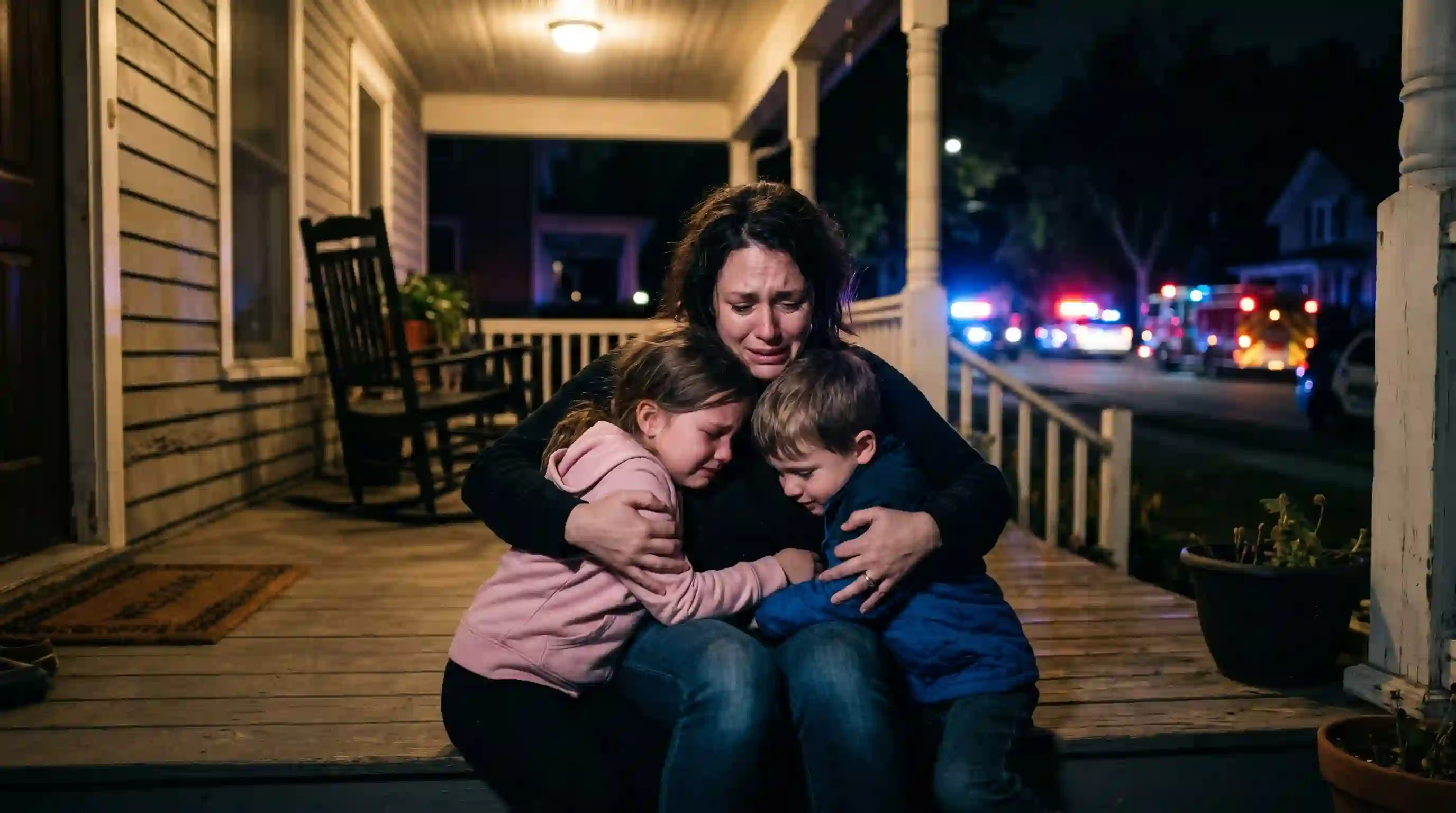 A mother tightly embracing her two young children on a dimly lit front porch, looking relieved and protective