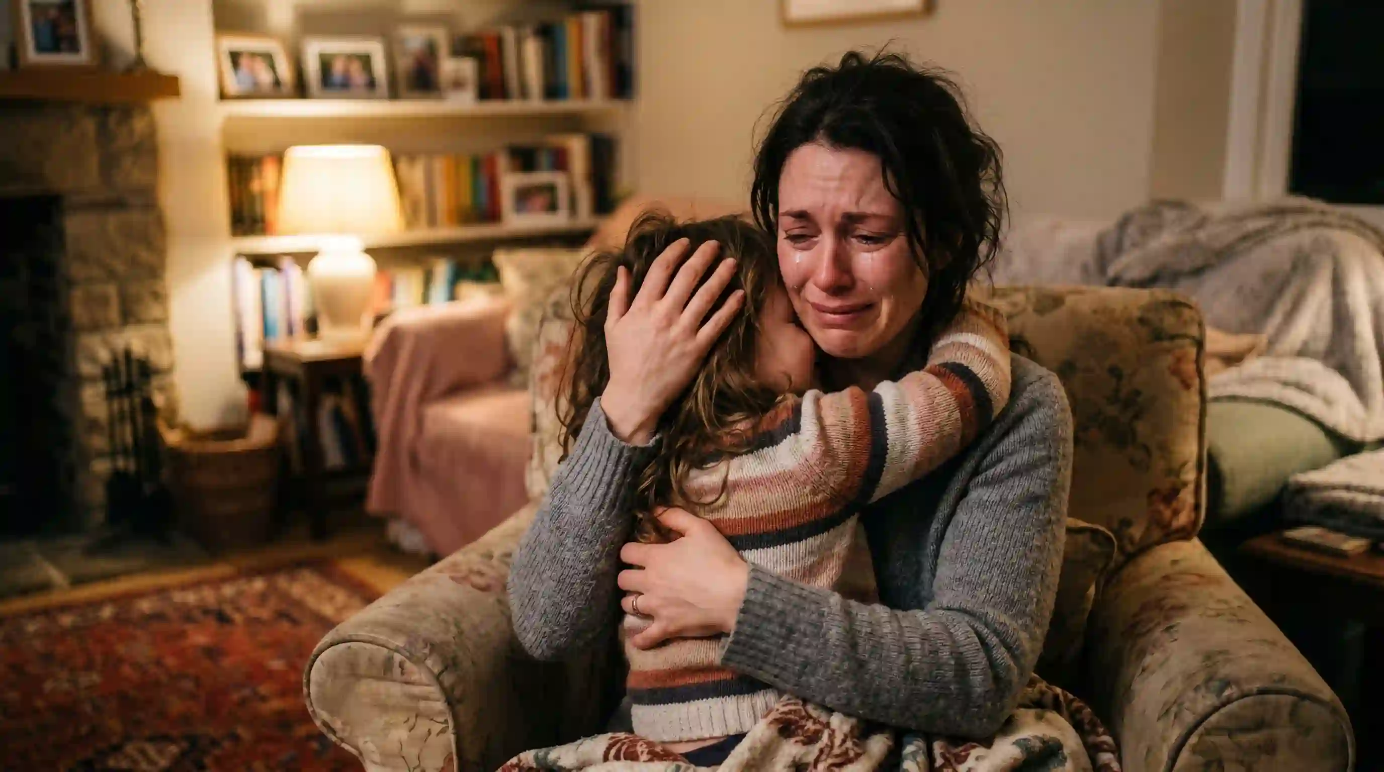 A relieved mother tightly hugging her young daughter in a cozy living room, both with tears in their eyes