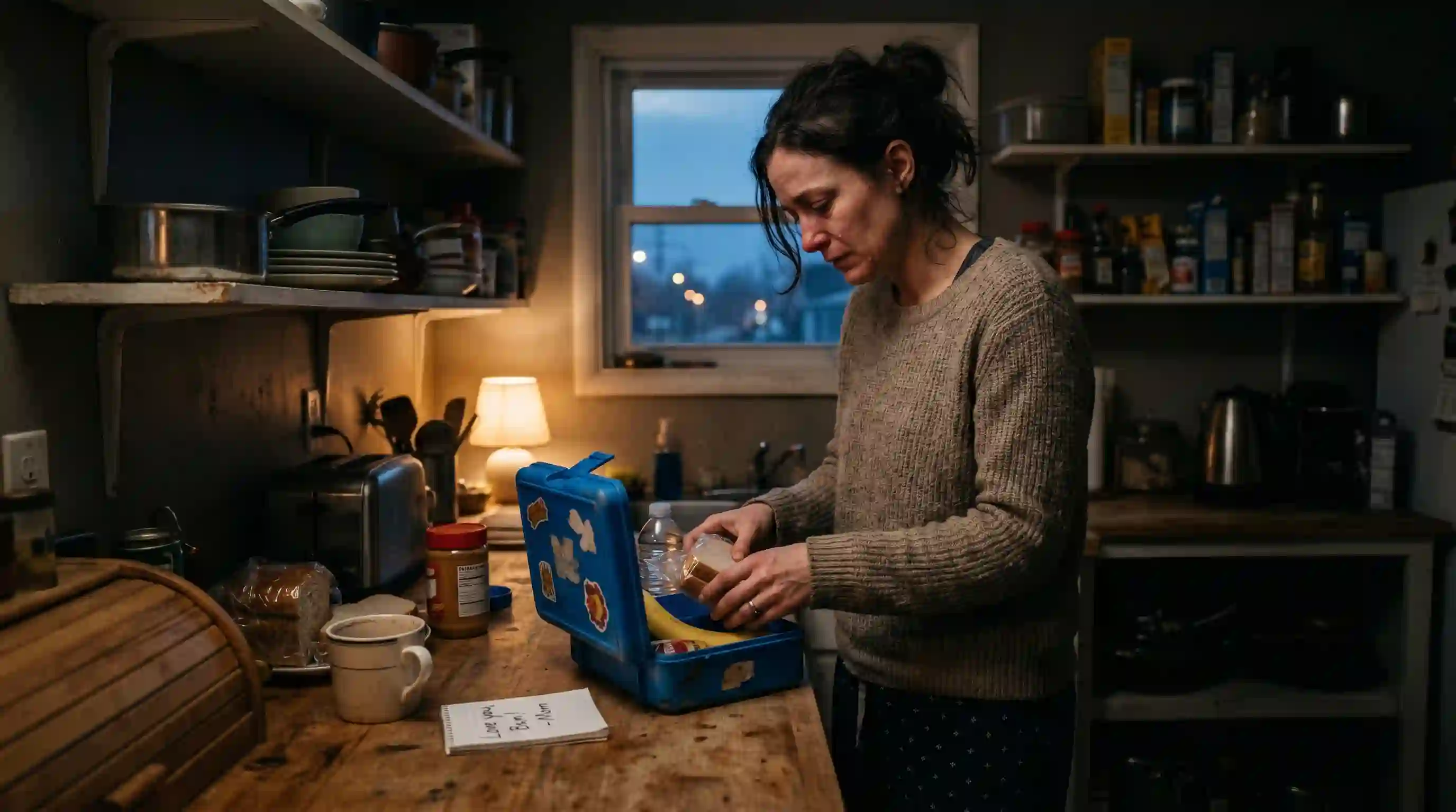 A tired mother packing a small blue lunchbox in a dimly lit kitchen