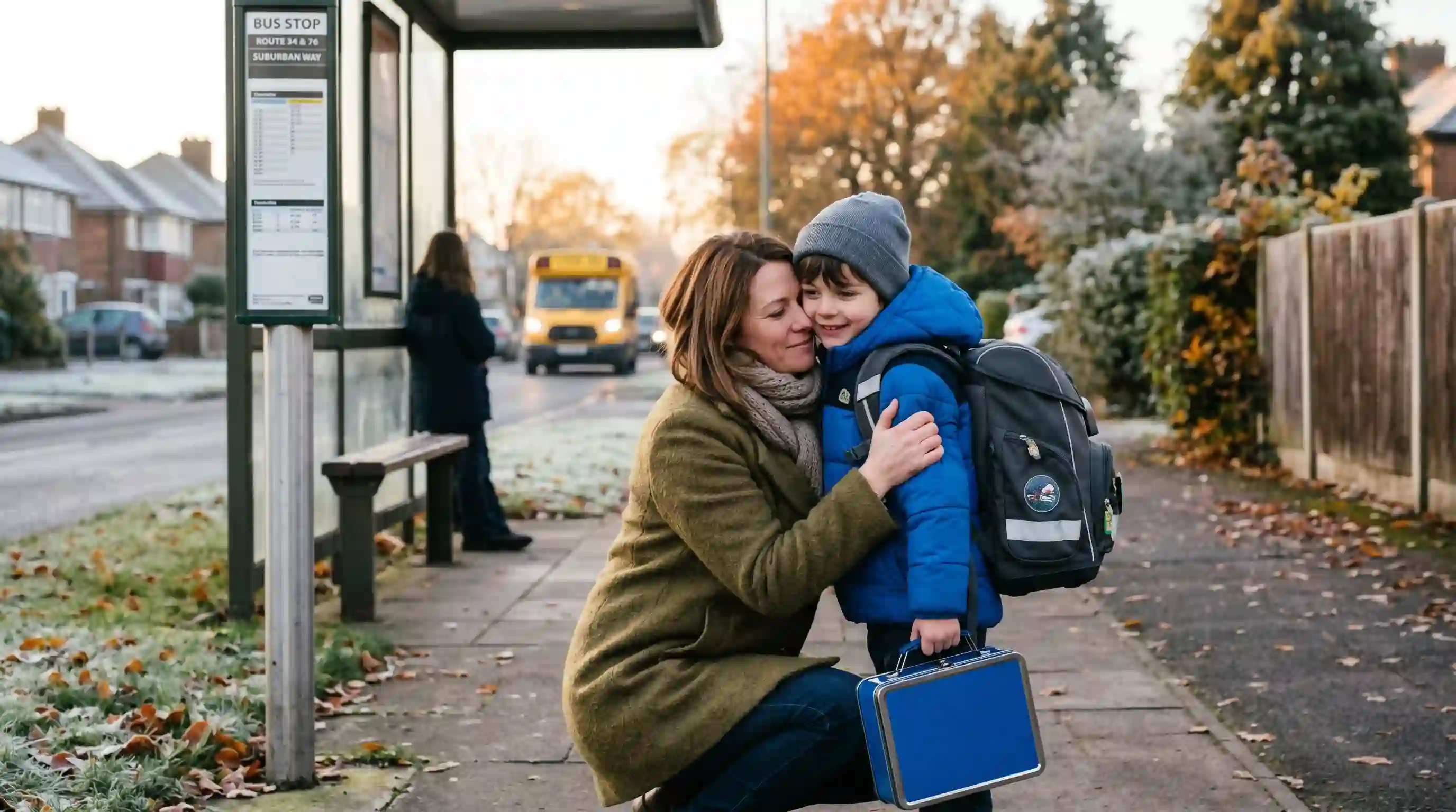 A mother crouching down hugging her young son at a chilly morning bus stop