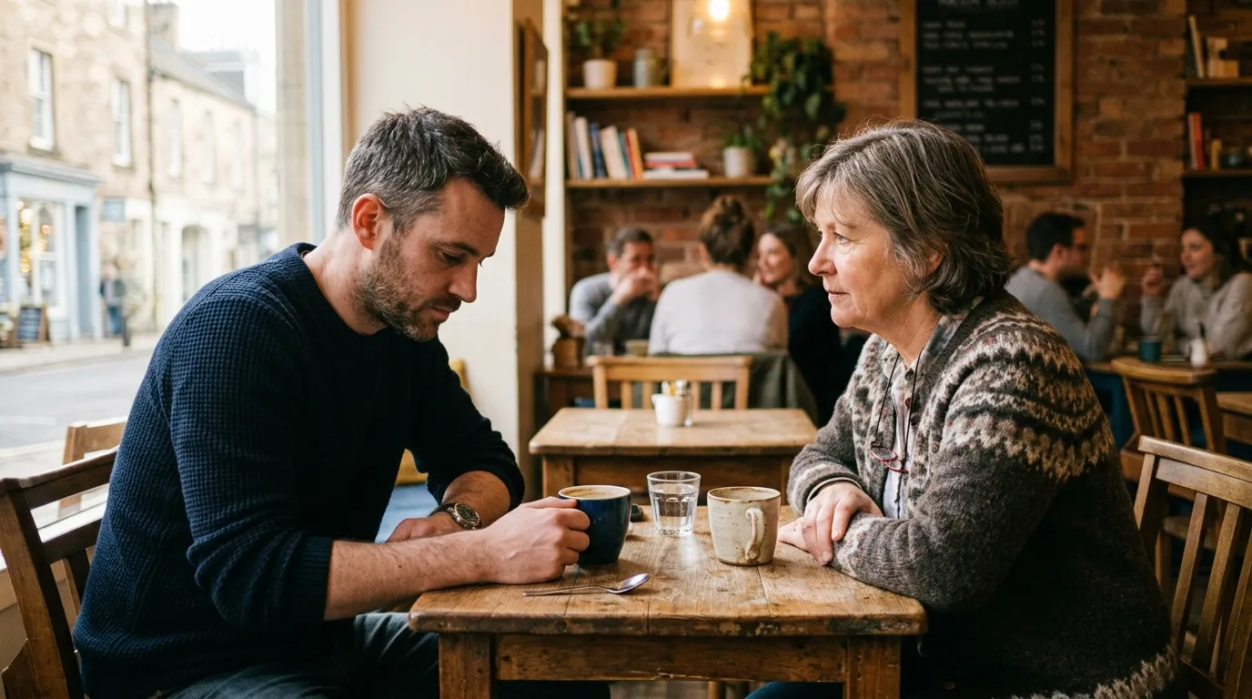 A mother and son having a serious conversation at a coffee shop