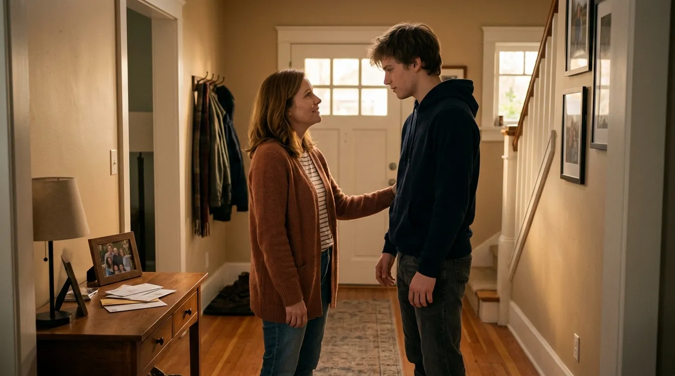 A mother and her 19-year-old stepson standing in the entryway, reconciling