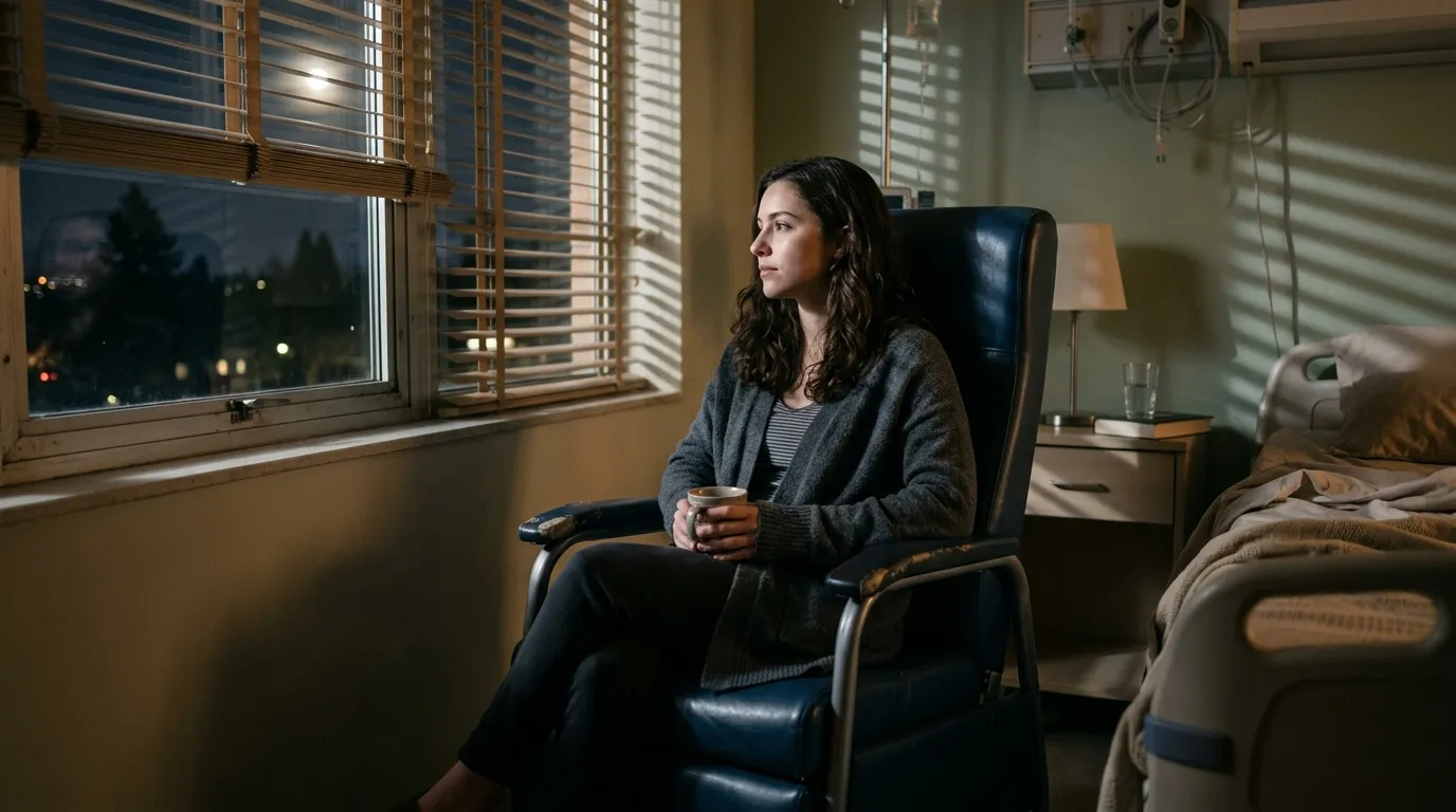 Mysterious young woman sitting in a dark hospital room