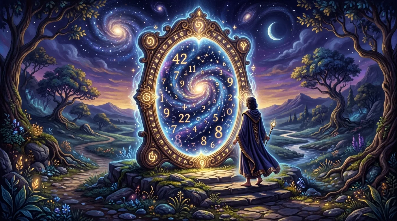An ethereal mirror in a twilight landscape reflecting stars and glowing numbers, symbolizing introspection.