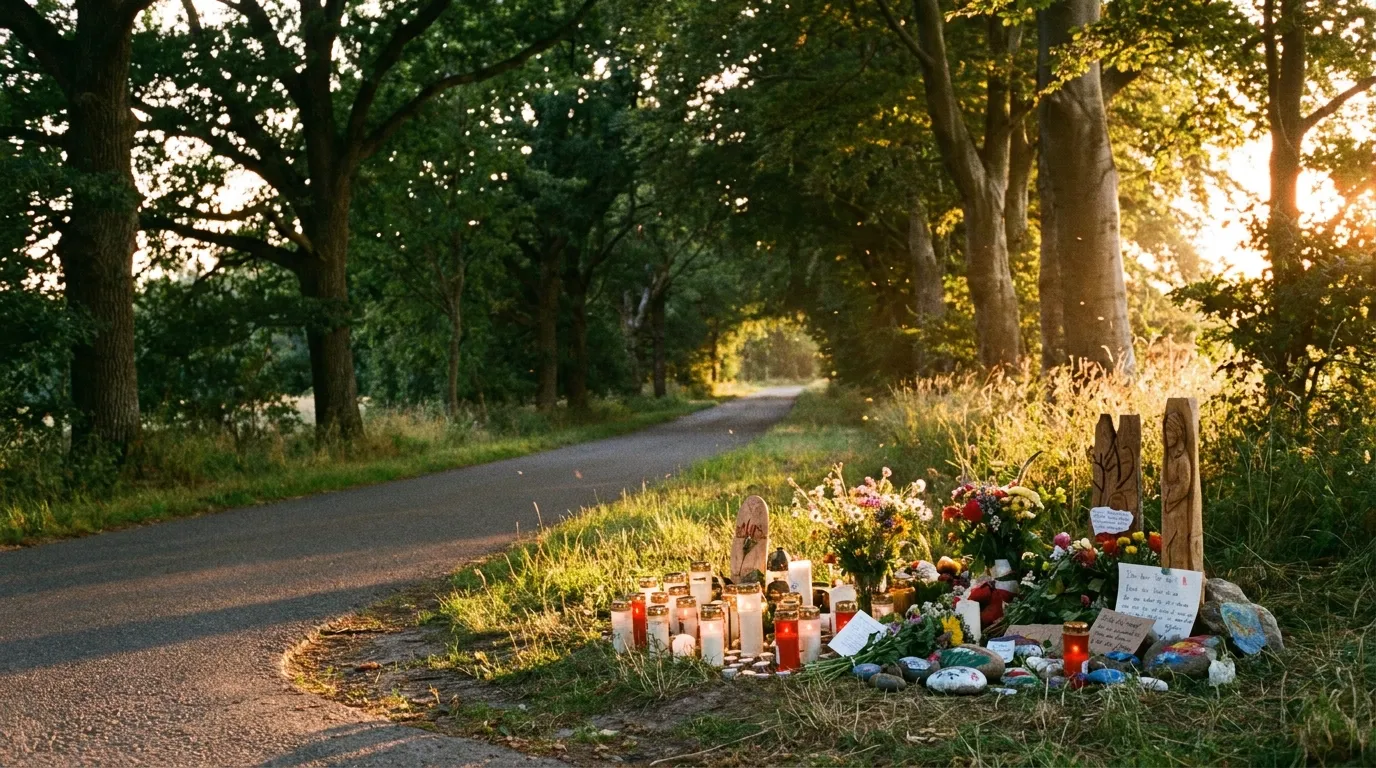 A quiet country road with a beautiful makeshift memorial of flowers and candles
