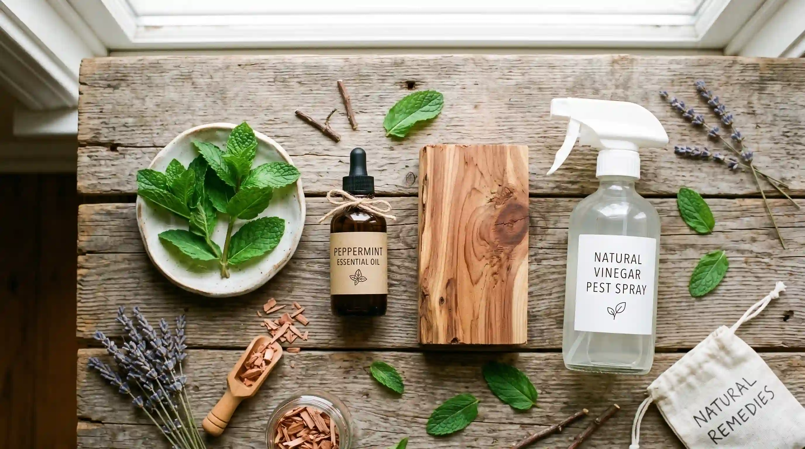 Natural home remedy ingredients like peppermint, cedar, and vinegar on a rustic table.