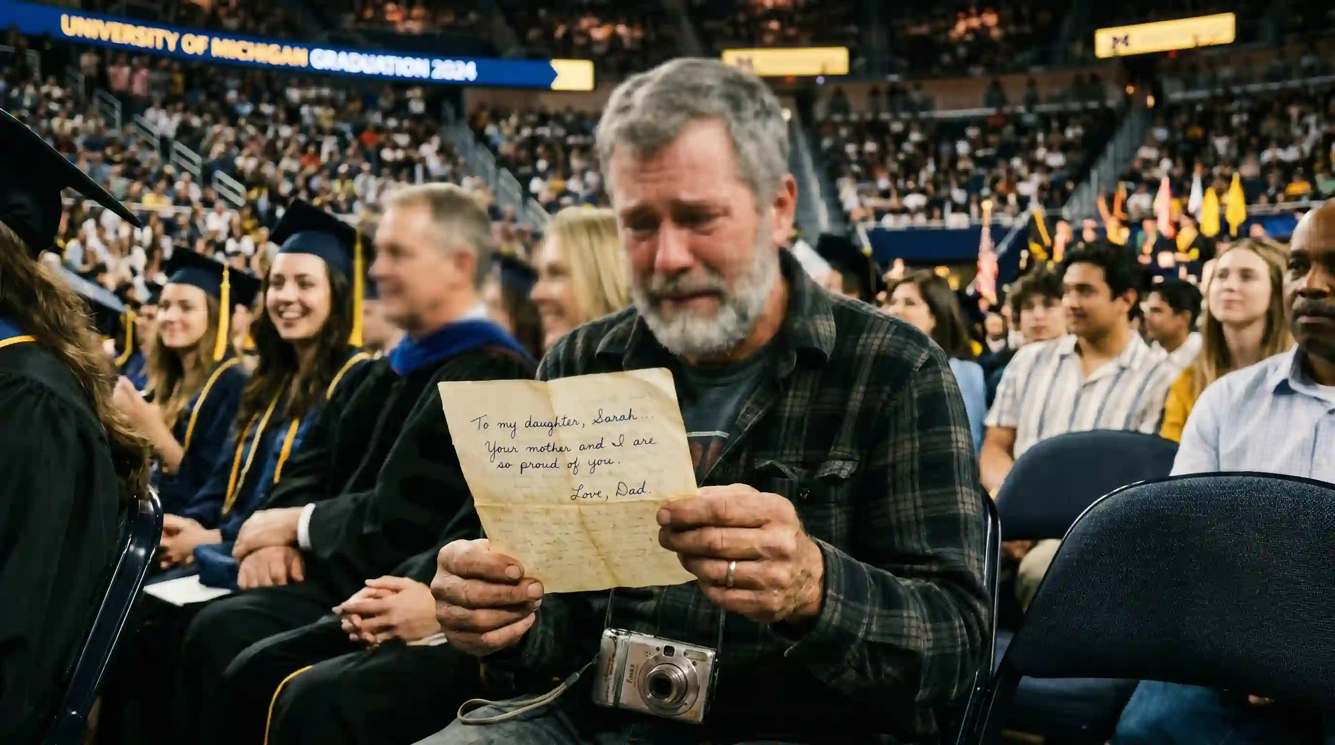 An older man sitting nervously in an auditorium holding a faded note.