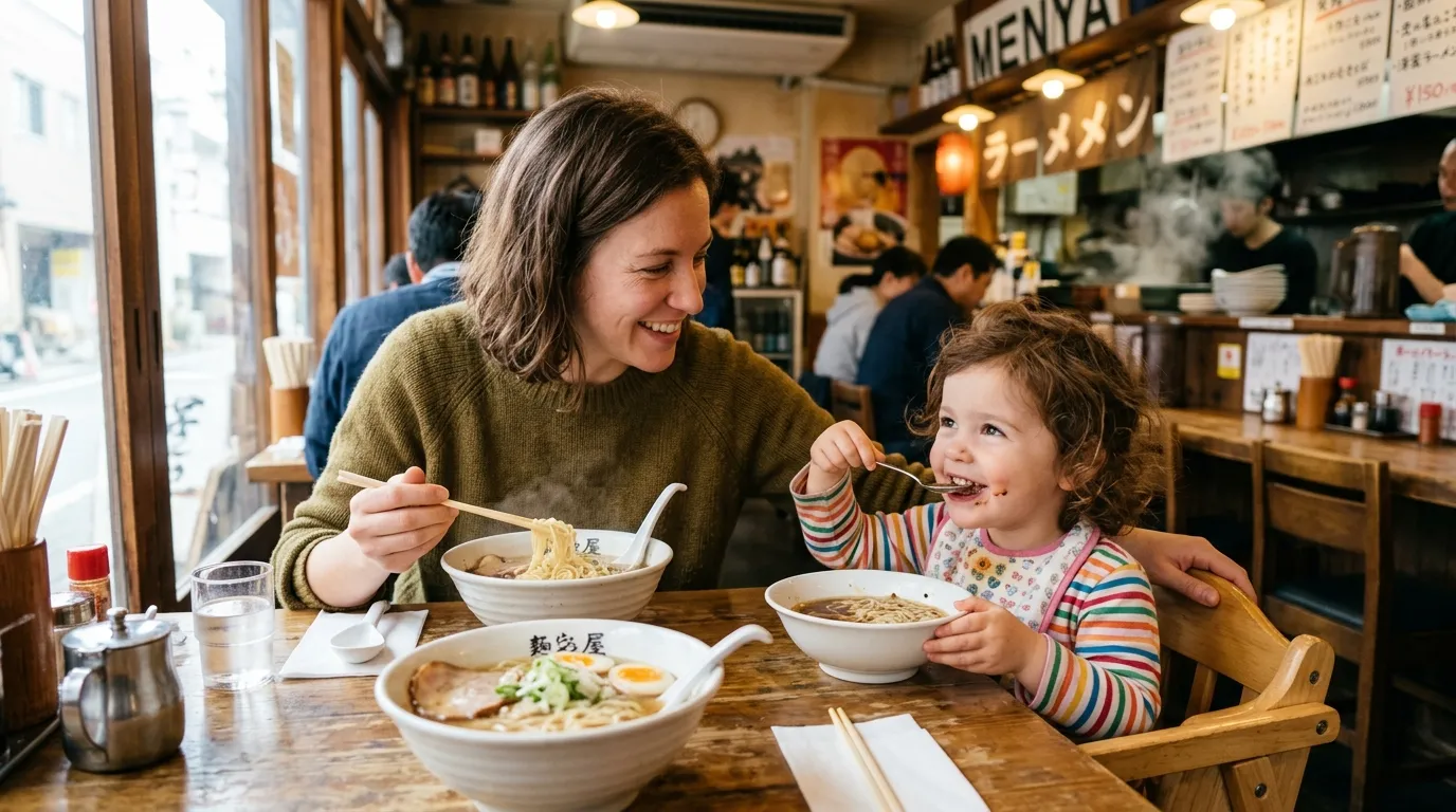 Mother and daughter eating happily at a noodle shop