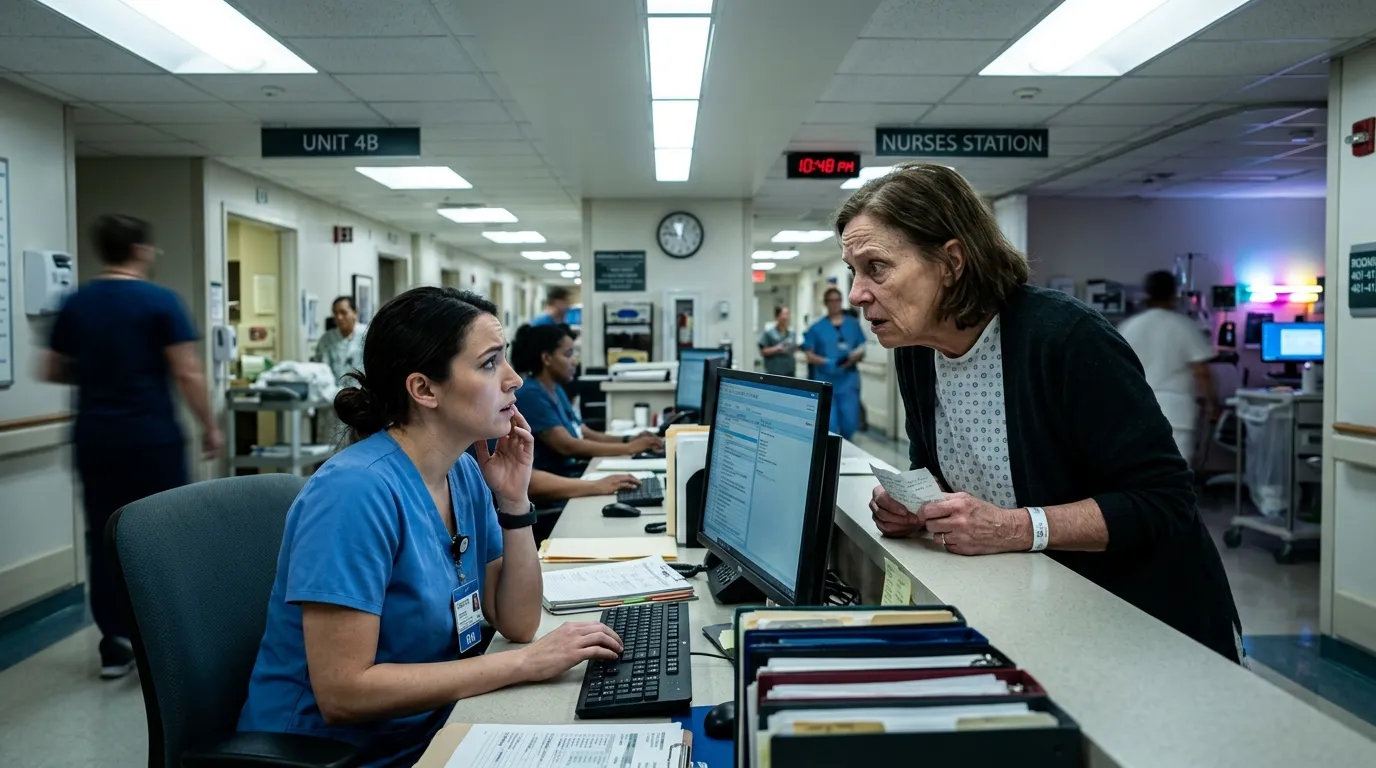 Patient asking a nurse at the hospital desk