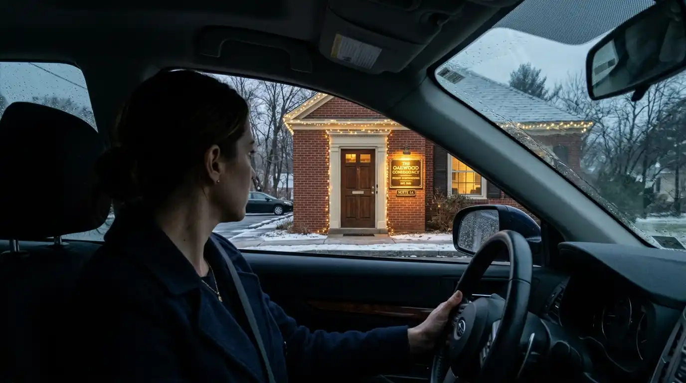 View from a car of a brick office building with a glowing brass plaque