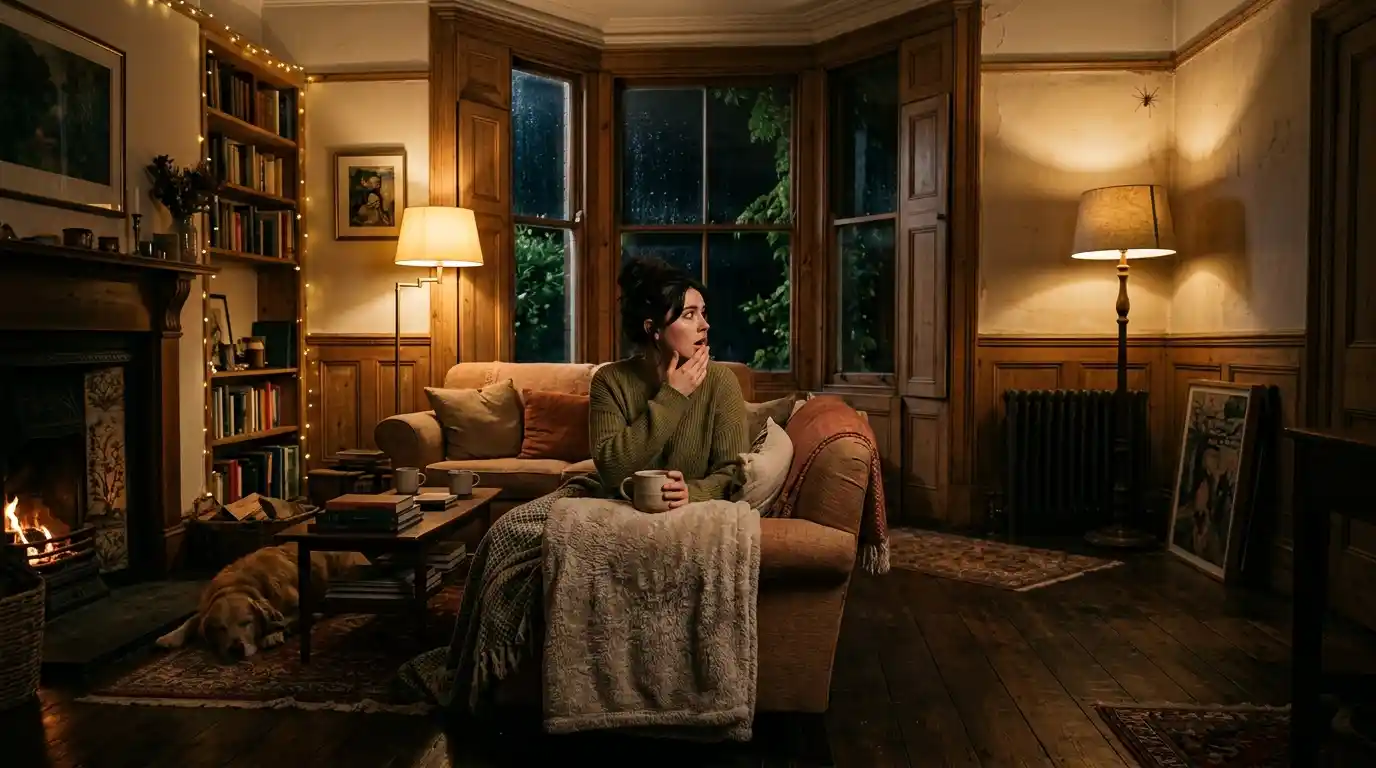 A cozy older home living room at night with someone looking startled at the corner.