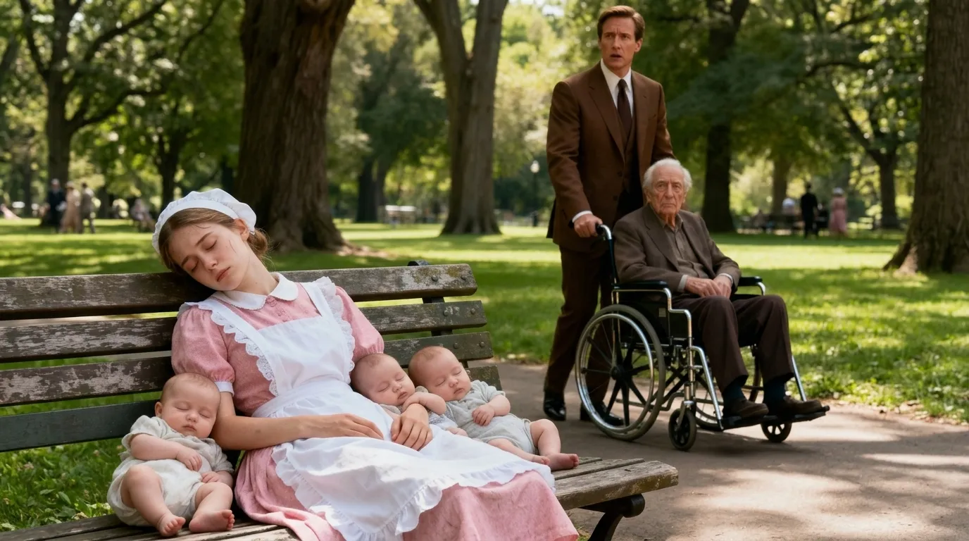 An exhausted woman in a faded lavender uniform holding three babies on a park bench