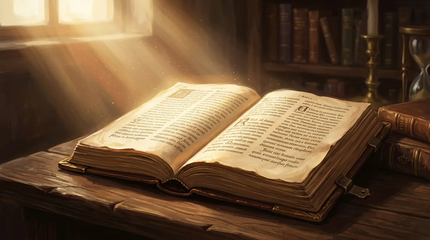 An open Bible on a wooden table bathed in warm sunlight