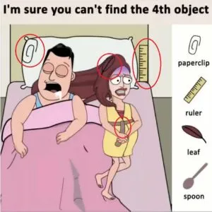 The solution to the hidden object puzzle with the paperclip, ruler, leaf, and spoon circled in glowing red.