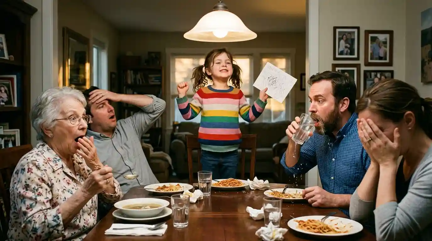 Adults at a dining table looking horrified and frozen while a six-year-old stands up proudly.