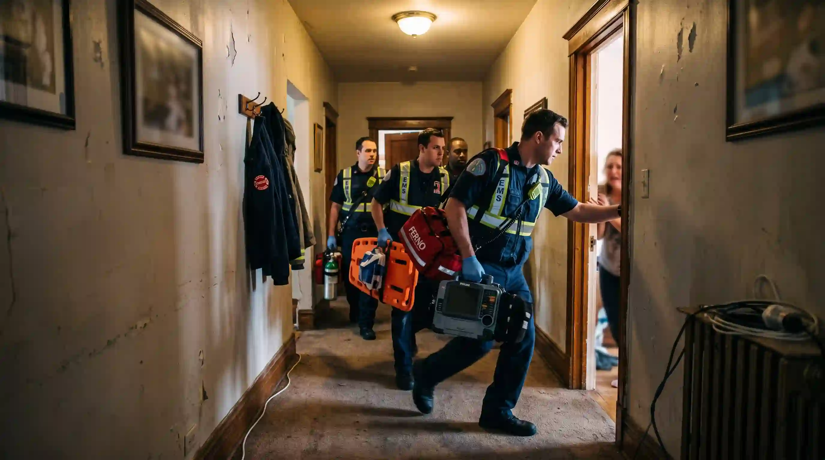 Paramedics in uniform rushing down a narrow home hallway with emergency medical equipment.