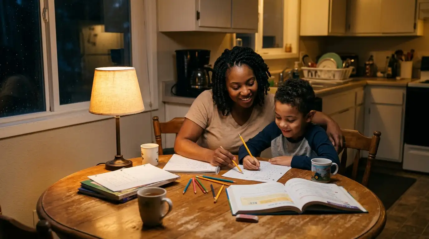 A smiling parent actively helping their child with homework at the kitchen table