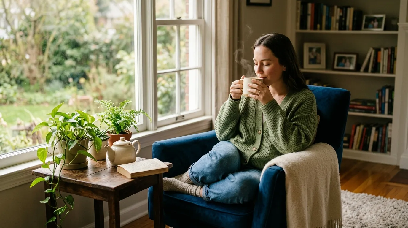 Illustration of a relaxed person sitting by a window drinking tea, representing peace of mind.