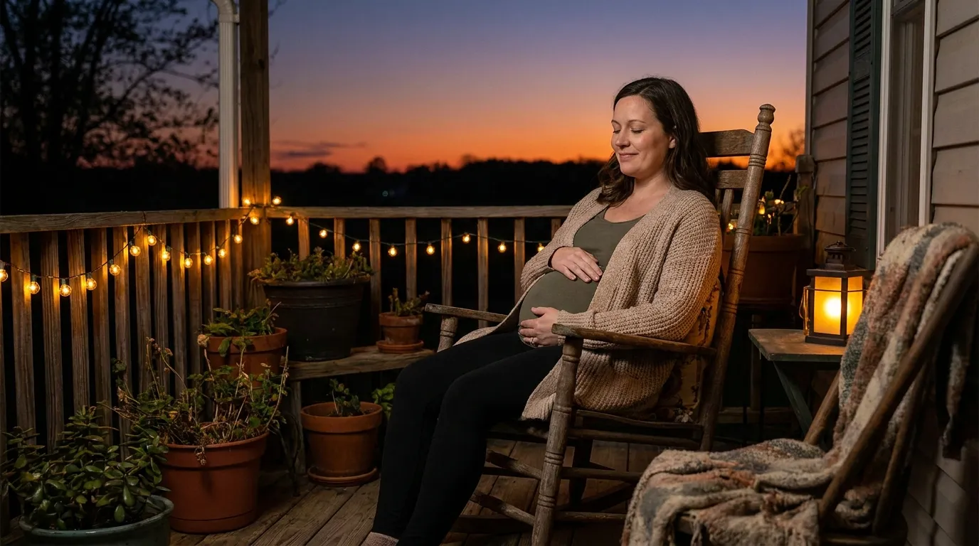 A pregnant woman sitting peacefully on a porch at twilight, holding her growing belly.