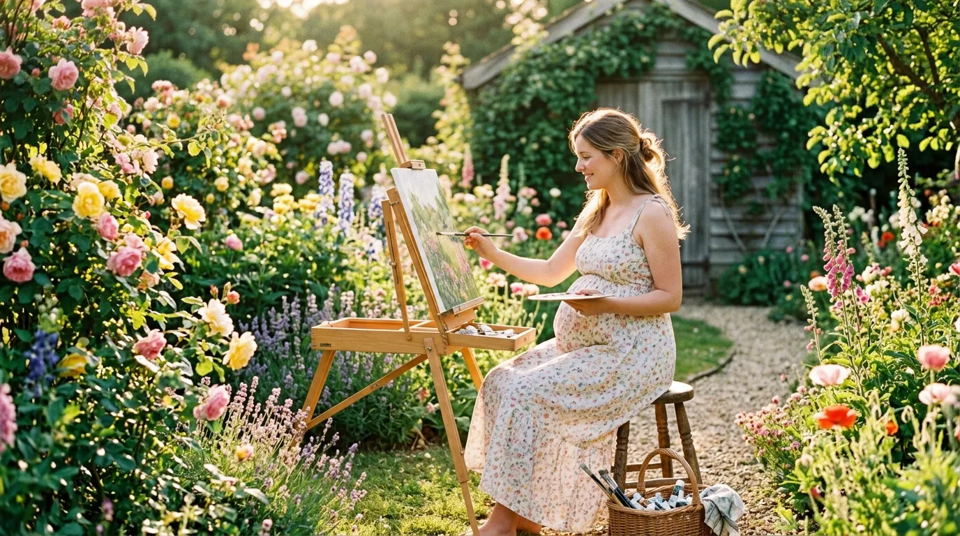 A pregnant woman painting peacefully in a sunlit blooming garden
