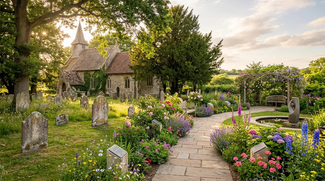 A serene church cemetery transitioning into a modern memorial garden