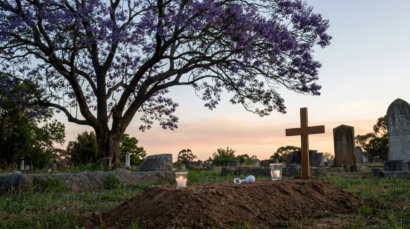 A peaceful graveyard scene with a candle and a glass of water on a fresh grave under a tree