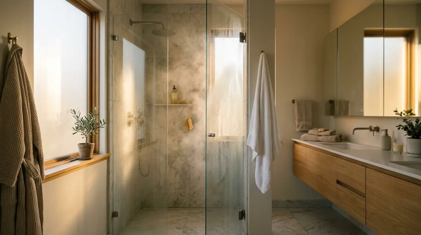 A steamy, peaceful modern shower in the early morning sunlight.