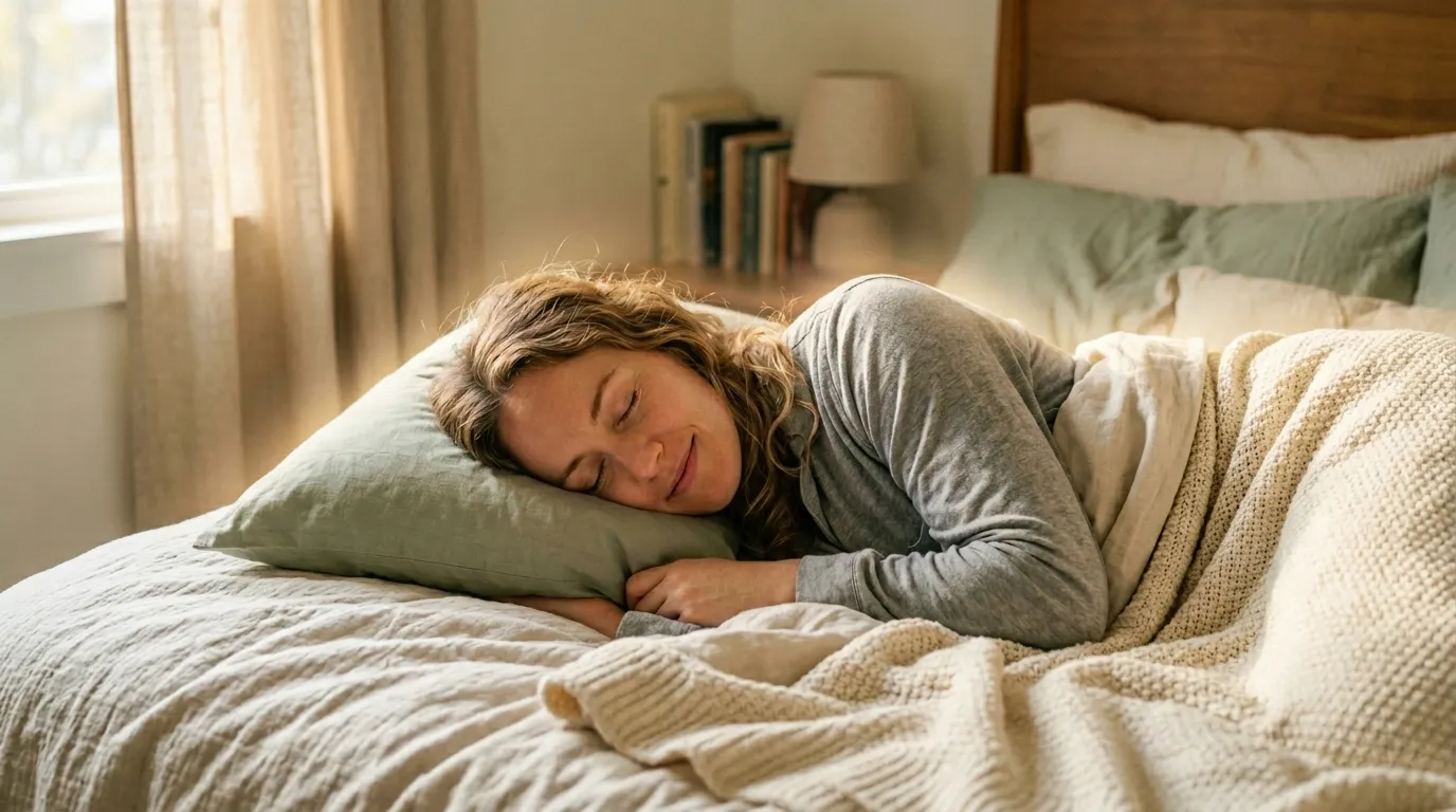 Emma sleeping peacefully in a cozy, softly lit bedroom