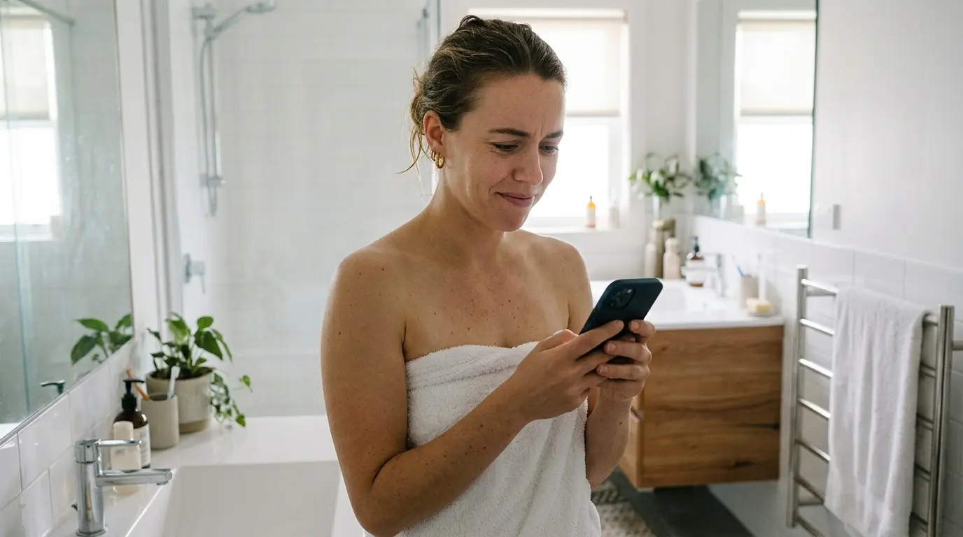 A person wrapped in a towel looking at their phone screen with a relieved smile.
