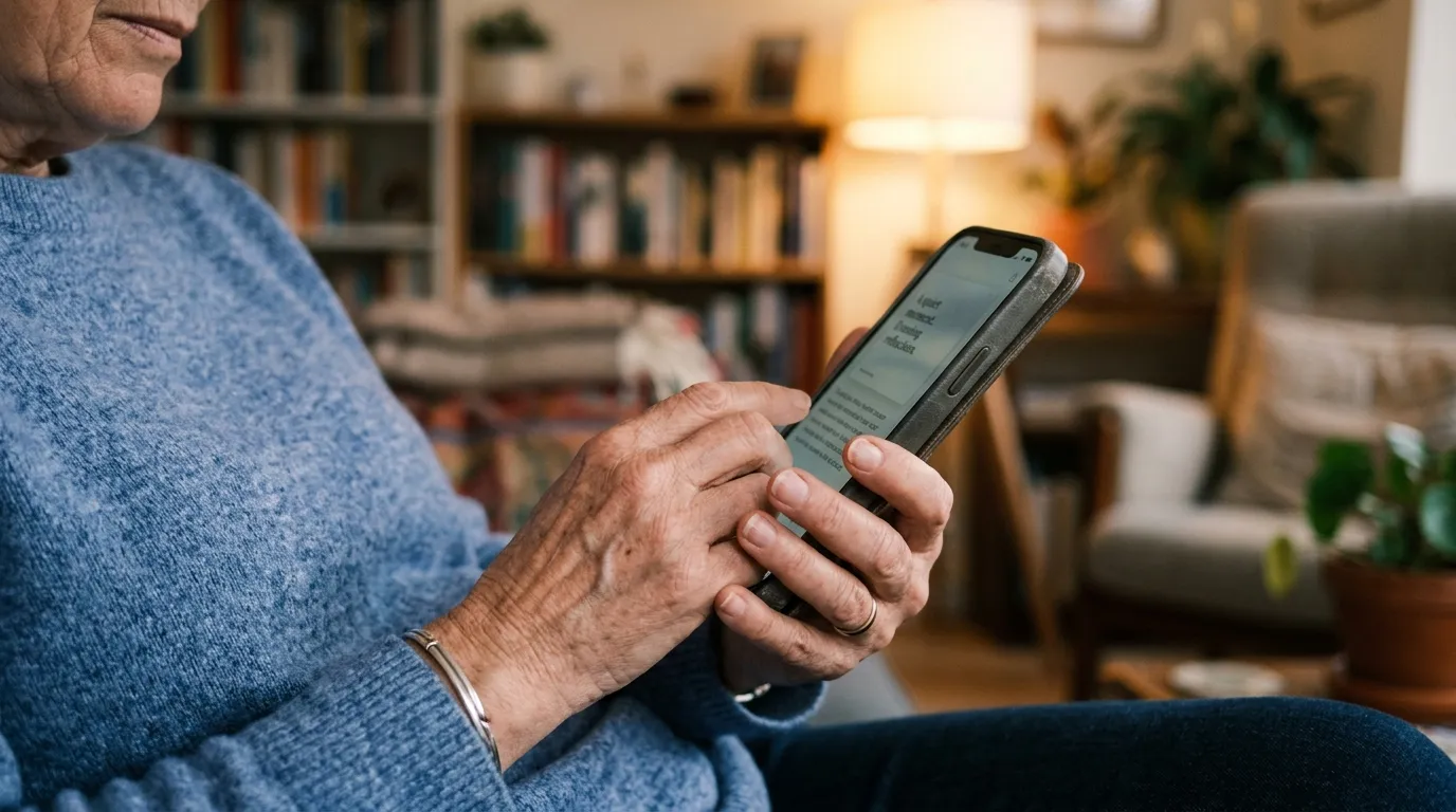 Woman holding a smartphone looking contemplative