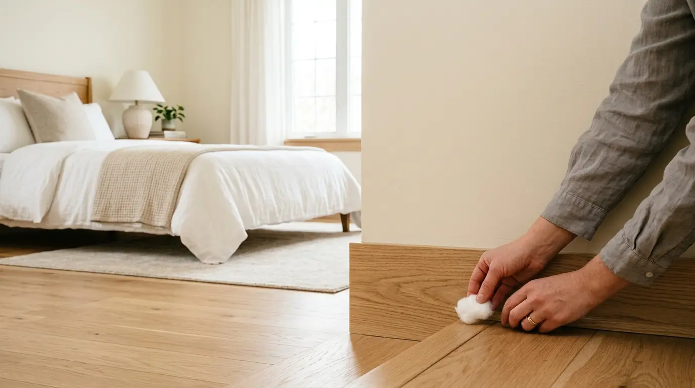 A person gently placing a menthol-infused cotton ball behind a wooden baseboard in a clean room.