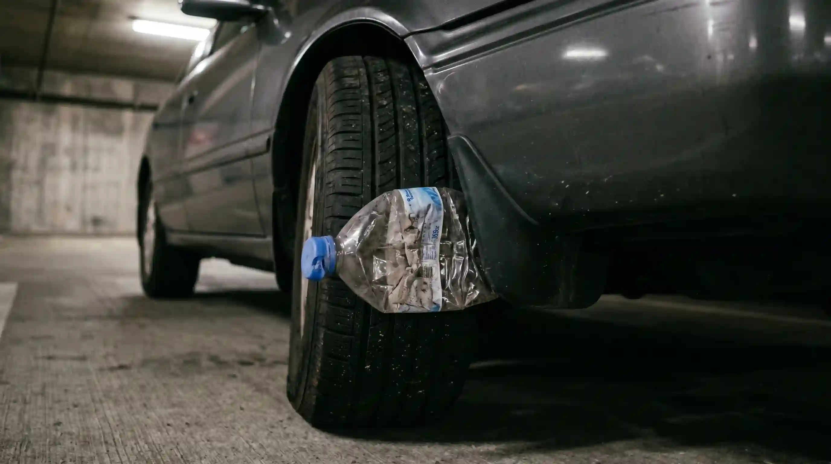 A crushed plastic water bottle wedged into the wheel well of a parked car