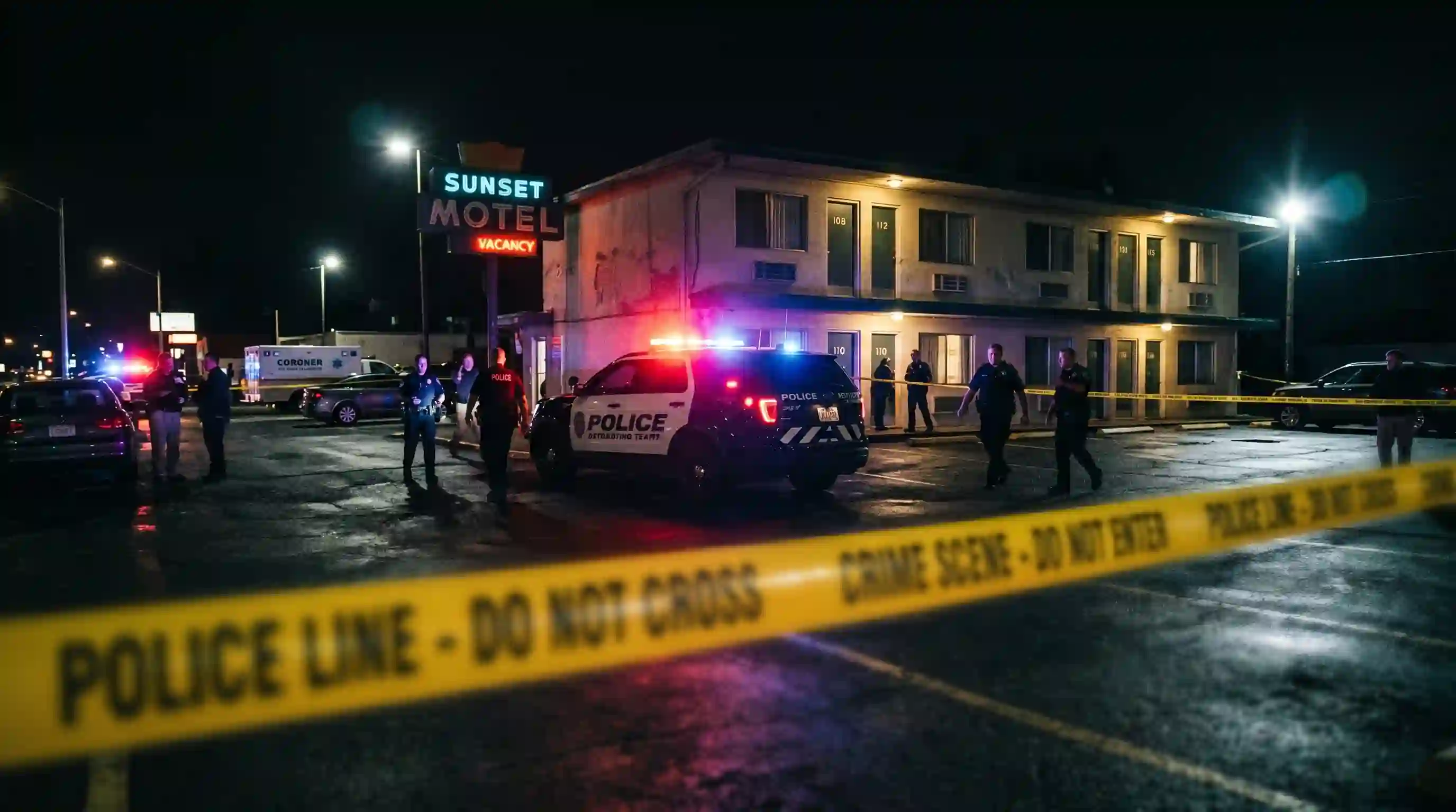 Yellow police tape stretched across the foreground with blurred police lights in the background