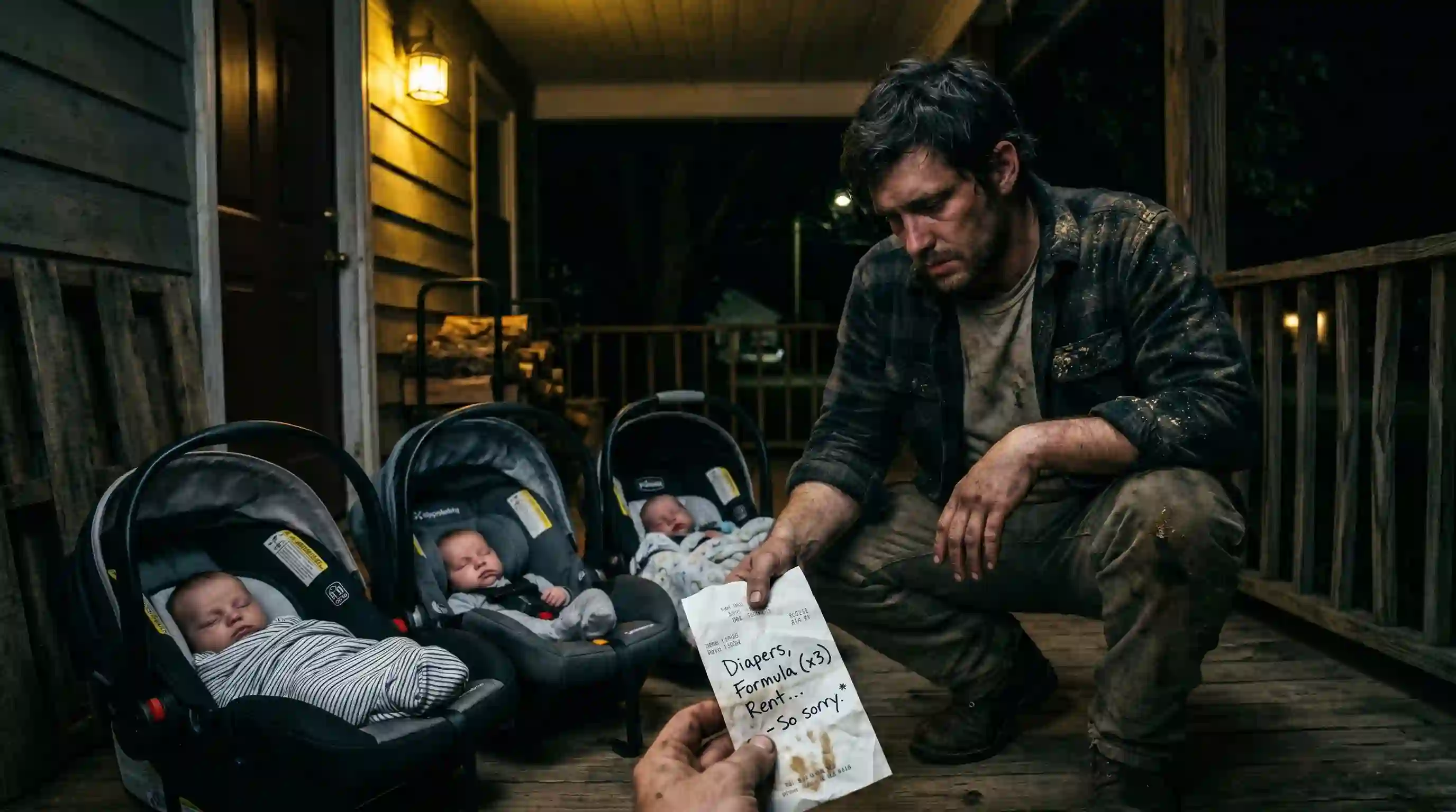 An exhausted young man finding three babies in car seats on his porch at night.