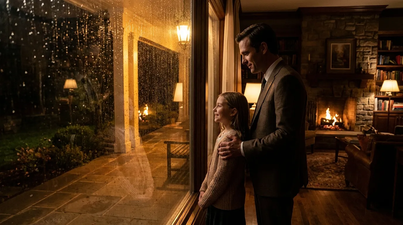 Man and young girl looking out a window at a glowing porch light