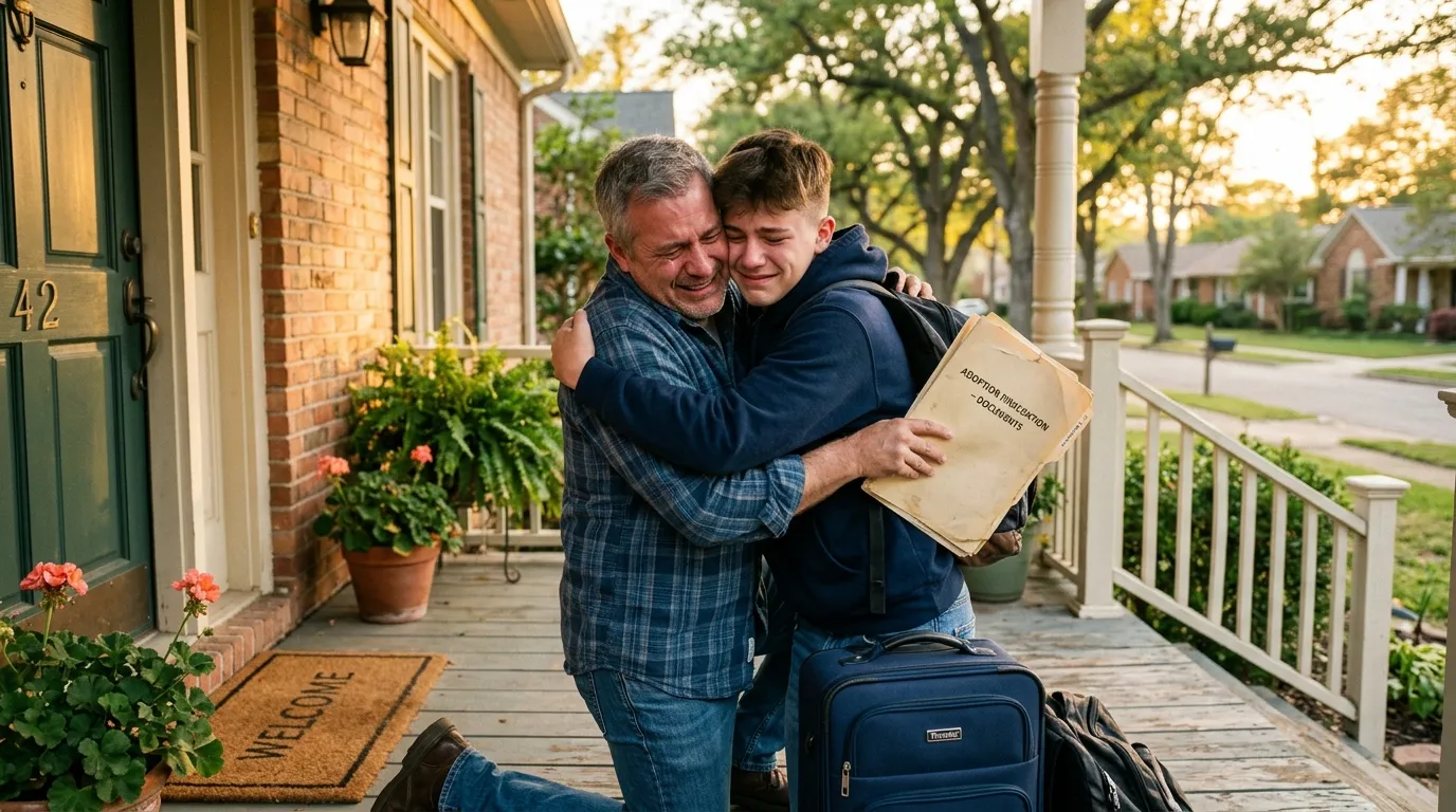 A father and son hugging emotionally on a front porch with a legal folder